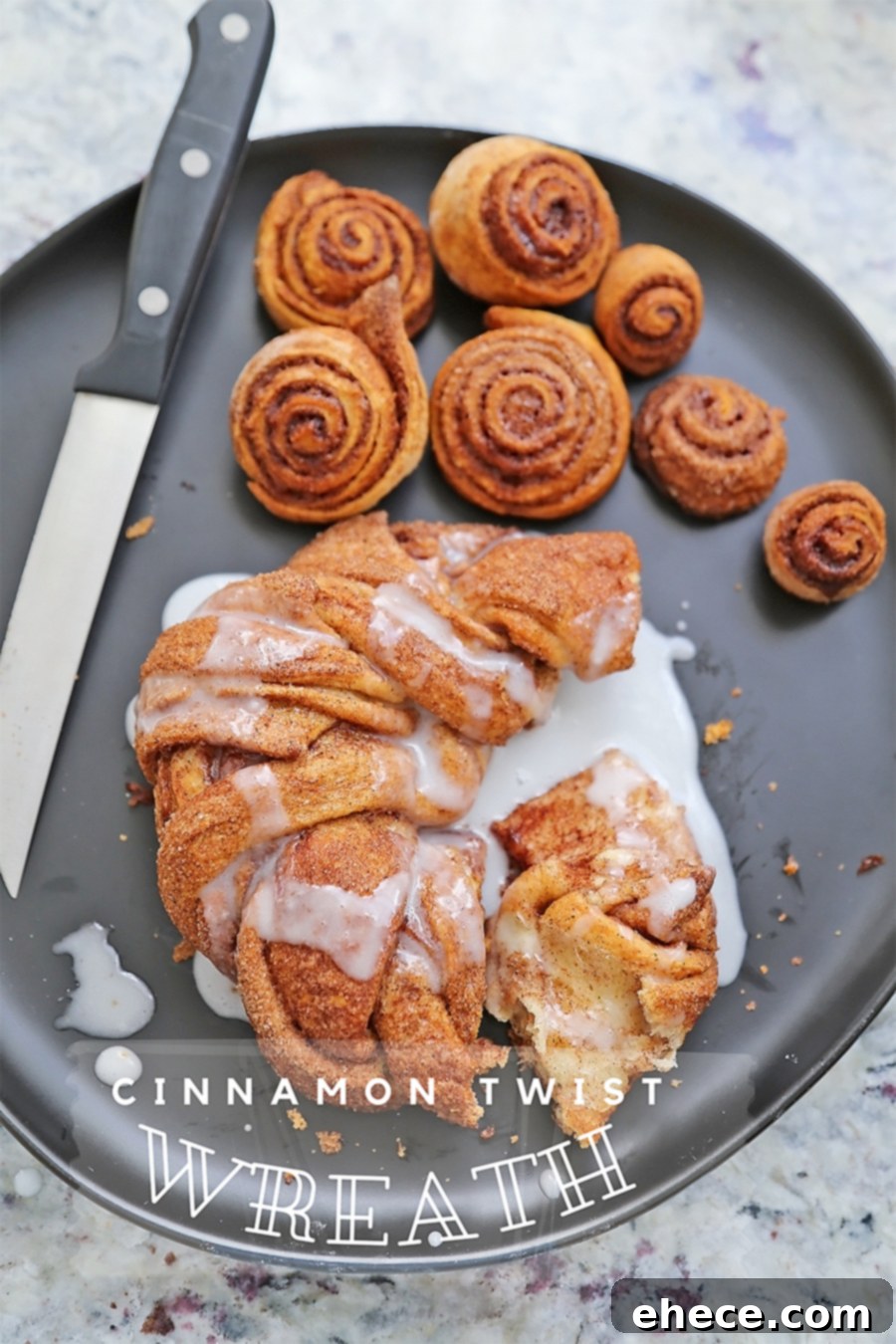 Four-Ingredient Cinnamon Swirl Wreath 7 The cinnamon wreath served on a plate with a hot beverage.