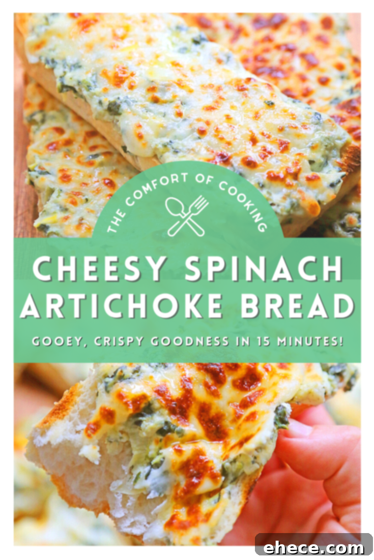 A top-down view of the entire Cheesy Spinach Artichoke Bread loaf, sliced and ready to serve on a cutting board.