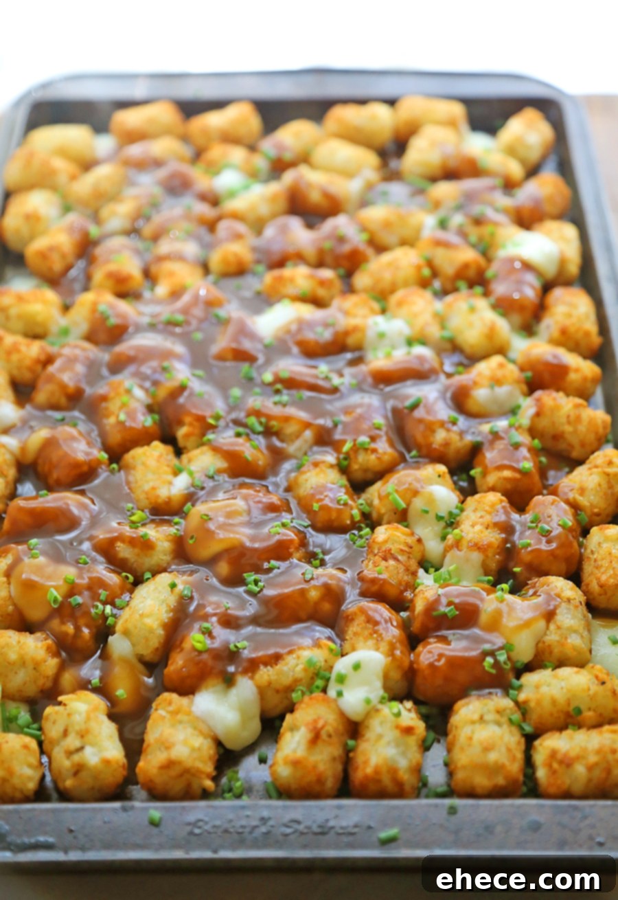Close-up of Tater Tot Poutine with melted cheese curds and gravy, garnished with chives