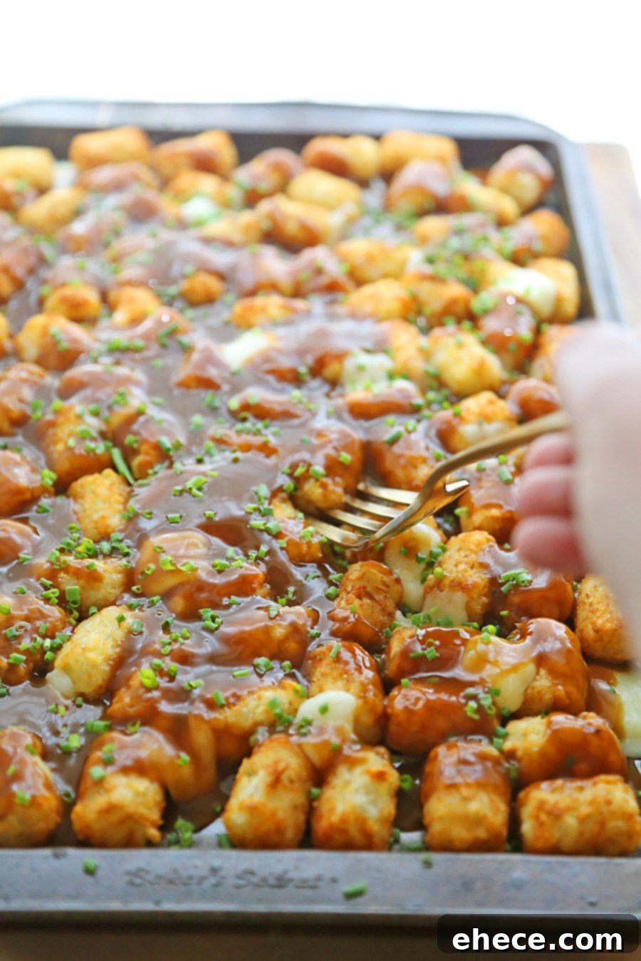 Overhead view of a tray of Tater Tot Poutine with melted cheese, gravy, and chives