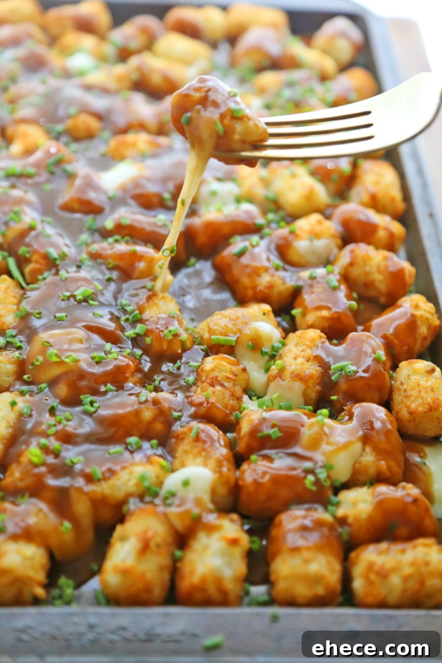 Serving dish of Tater Tot Poutine, garnished with chives