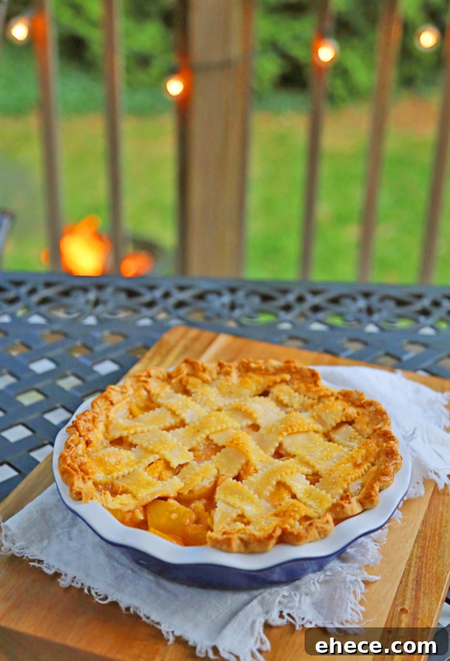 Close-up of peach pie filling and crust