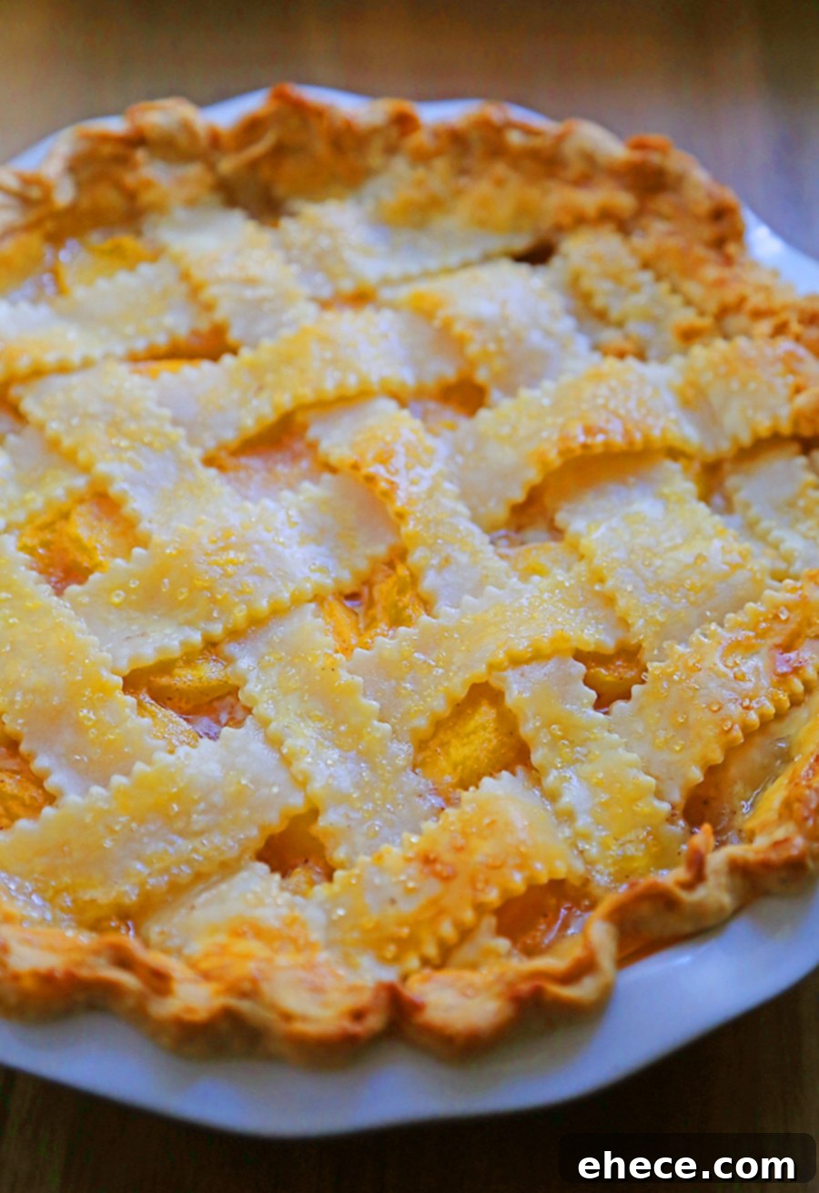 Slice of peach pie with ice cream