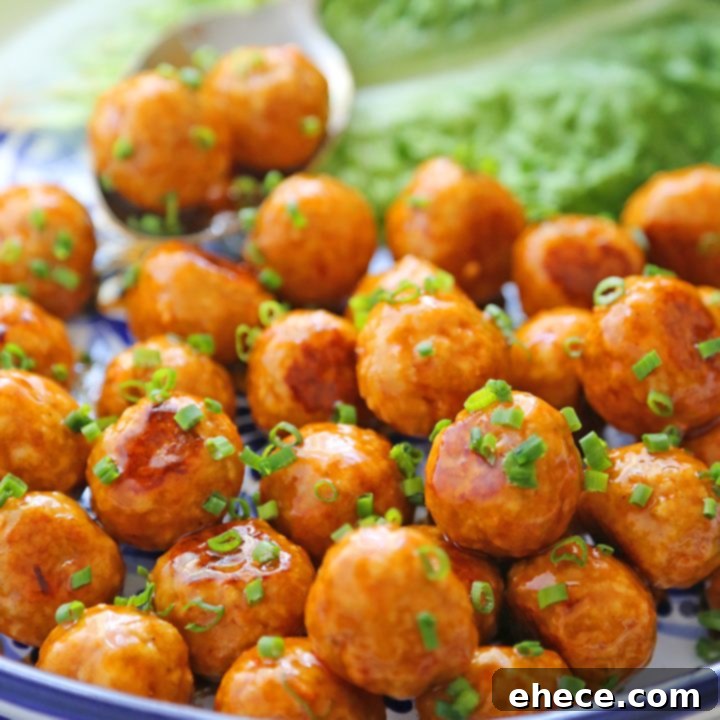 Dynamite Chicken Meatballs 7 Firecracker Chicken Meatballs in a bowl, garnished with green onions and sesame seeds