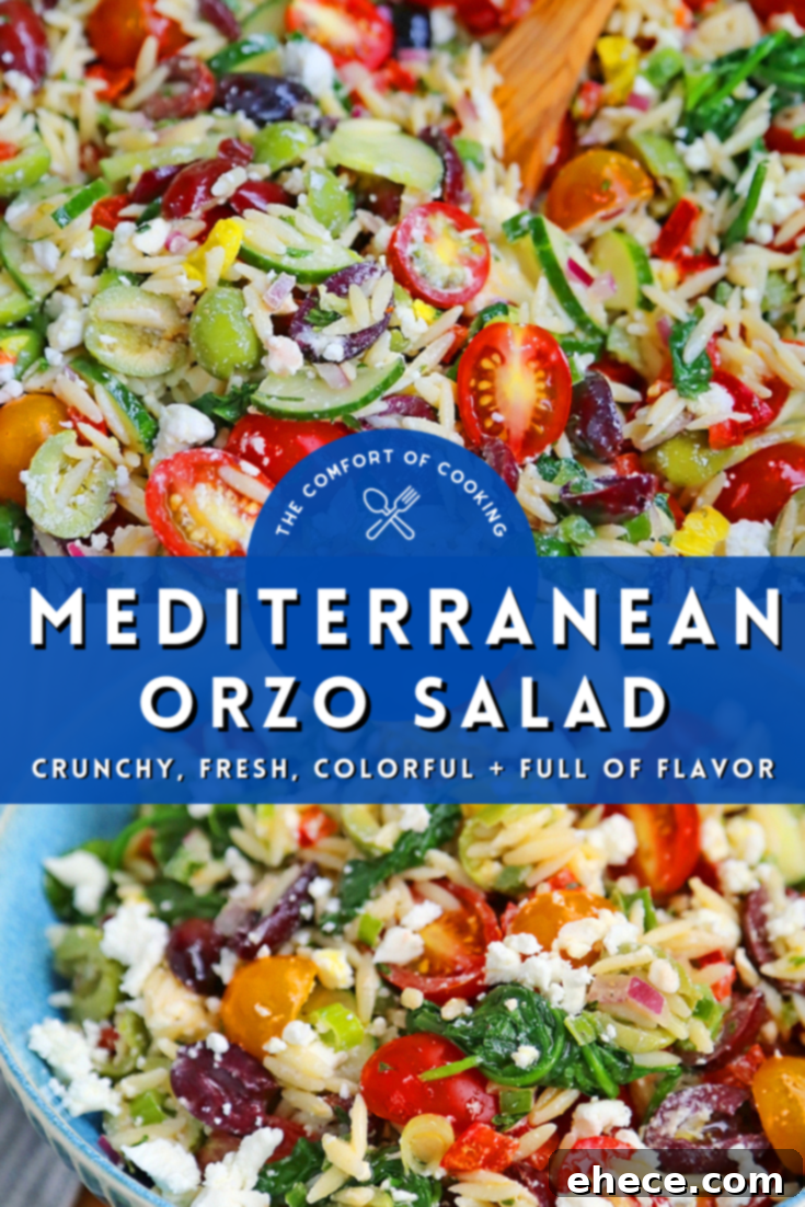 Mediterranean Sunshine Orzo Salad 7 A beautifully presented bowl of Mediterranean Orzo Salad from an aerial view