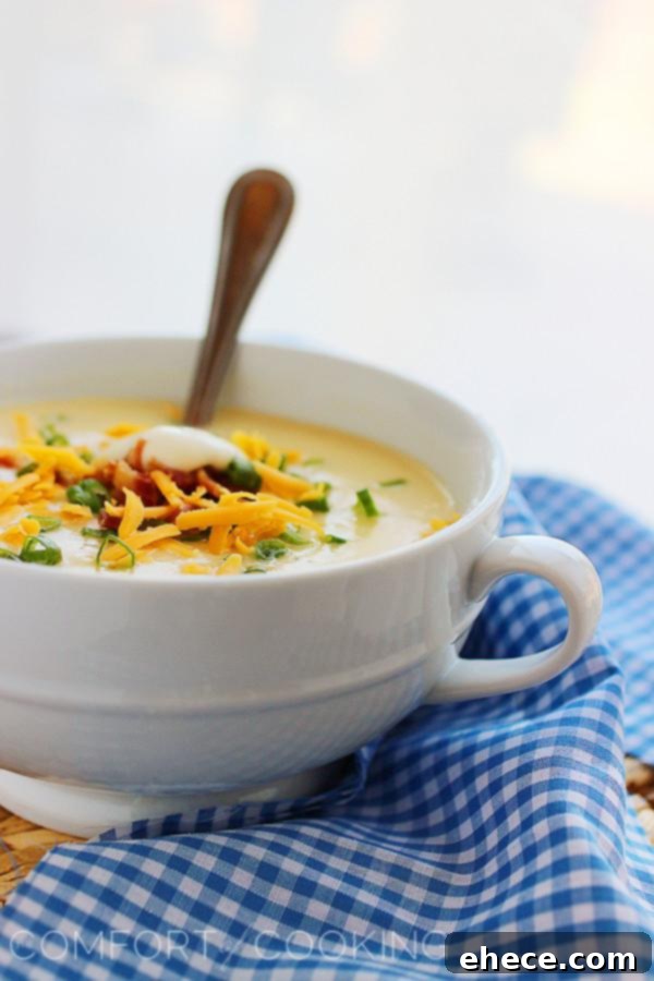Hearty Bowl of Loaded Baked Potato Cheddar Soup with Toppings