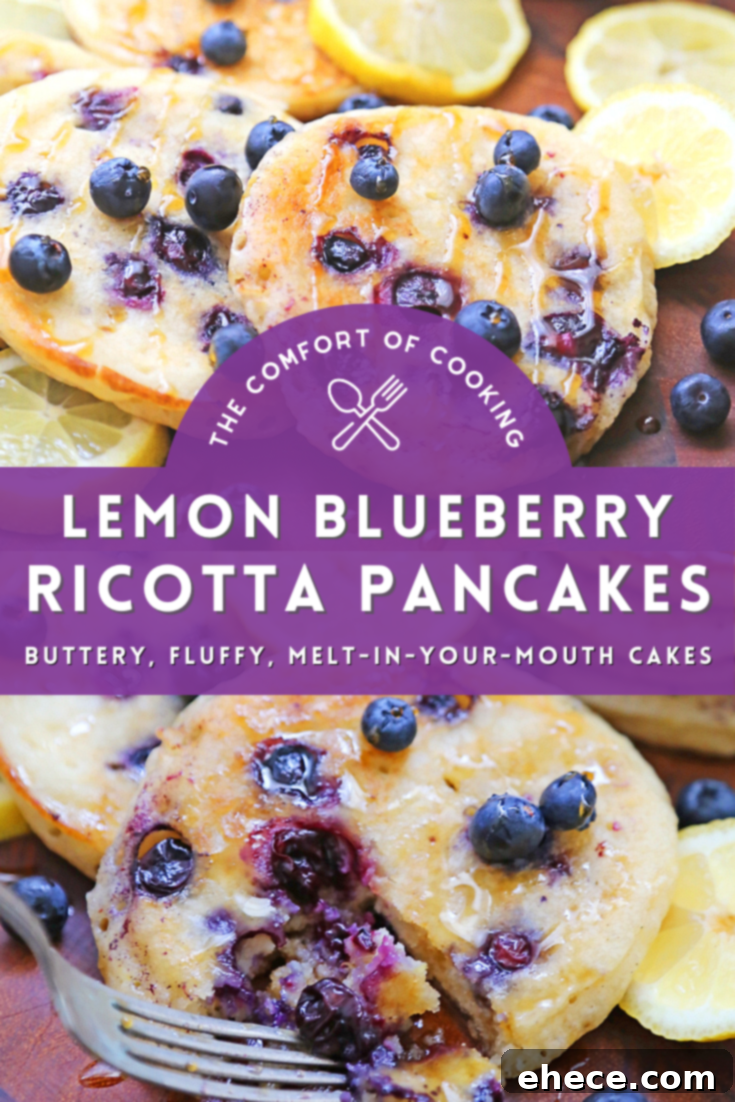 Pillowy Lemon Blueberry Ricotta Pancakes 8 Pancakes with a slice taken out