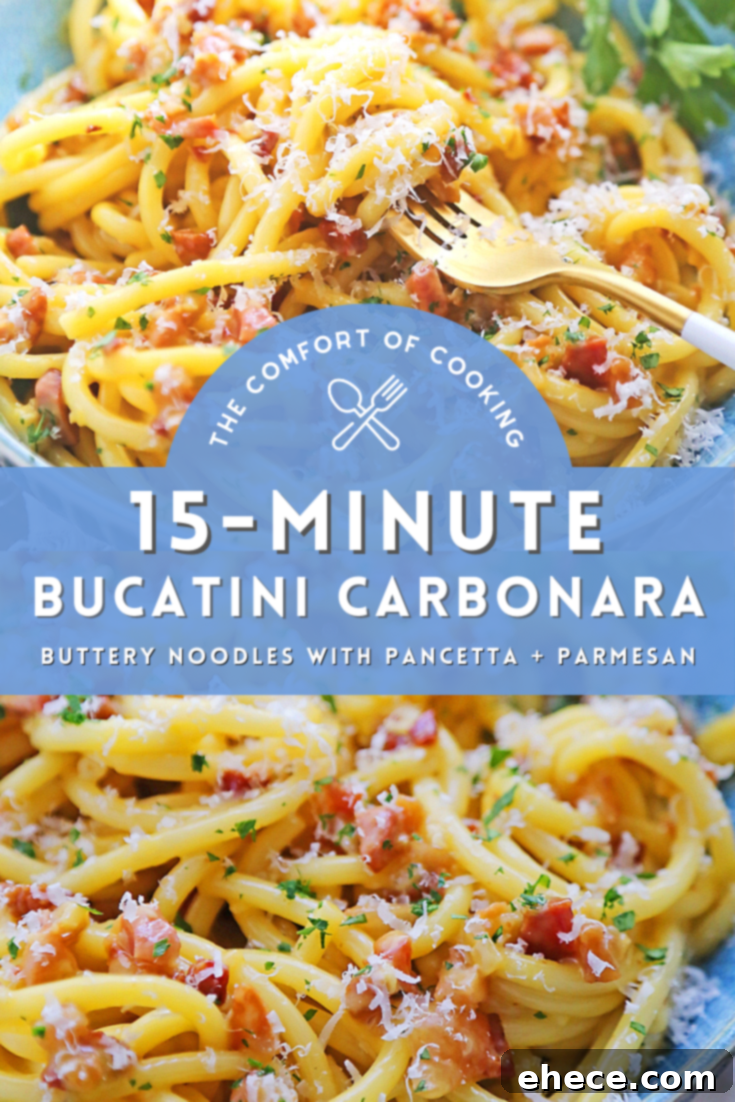 Final serving of Bucatini Carbonara with fresh ingredients and a fork