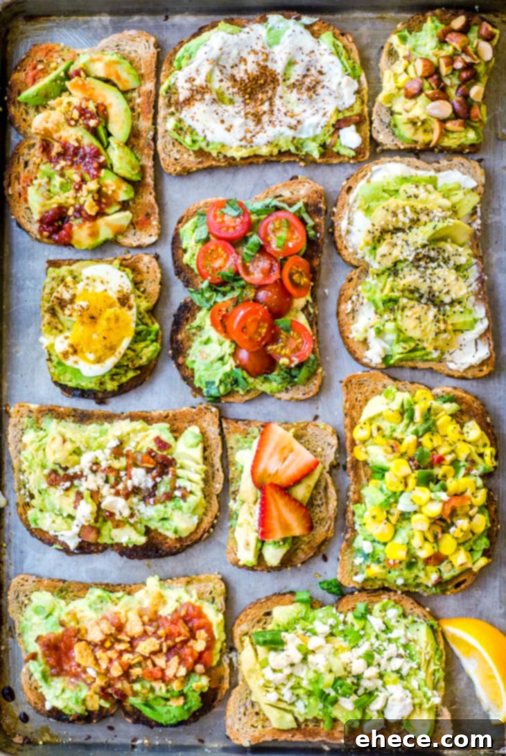Quick Creamy Hummus Avocado Toast 6 A stunning overhead shot of avocado toast with various colorful toppings, artfully arranged.