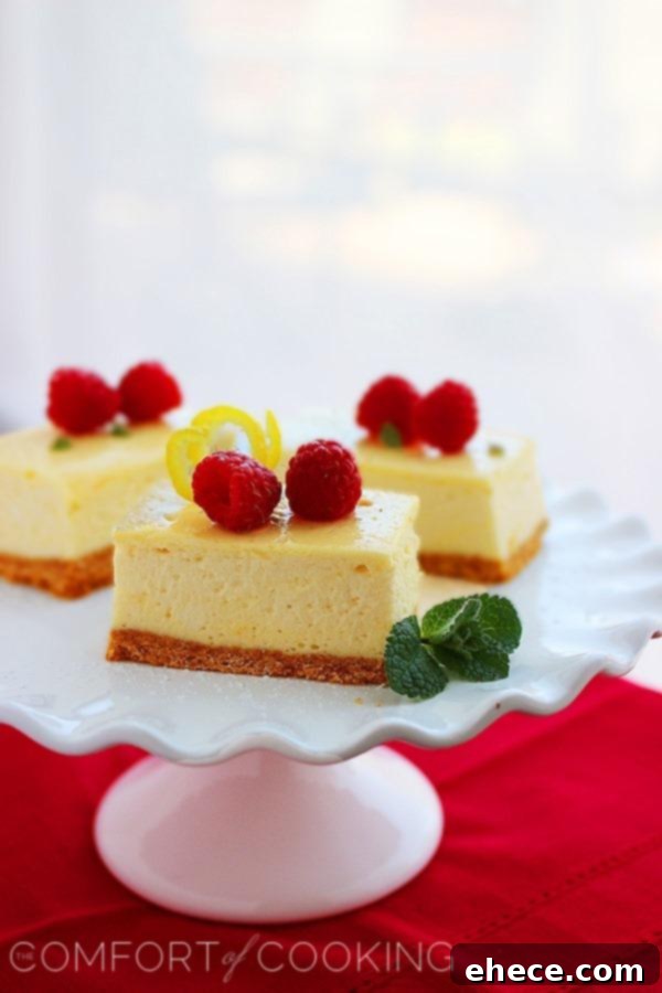 Tangy Lemon Cheesecake Bars 2 Vibrant Lemon Cheesecake Bars topped with fresh raspberries and blueberries, showcasing their creamy texture and golden crust, ready to be enjoyed.