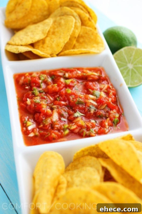 Close-up of Homemade Restaurant Style Salsa in a bowl with chips