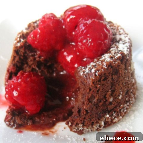 Mini Molten Chocolate Cakes with raspberries and powdered sugar