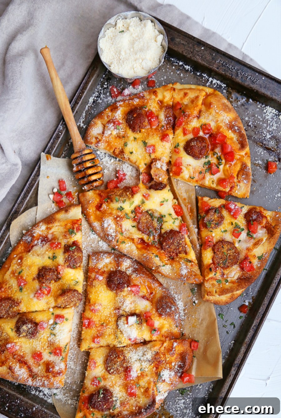 Delicious Meatball Flatbread Pizza with Hot Honey