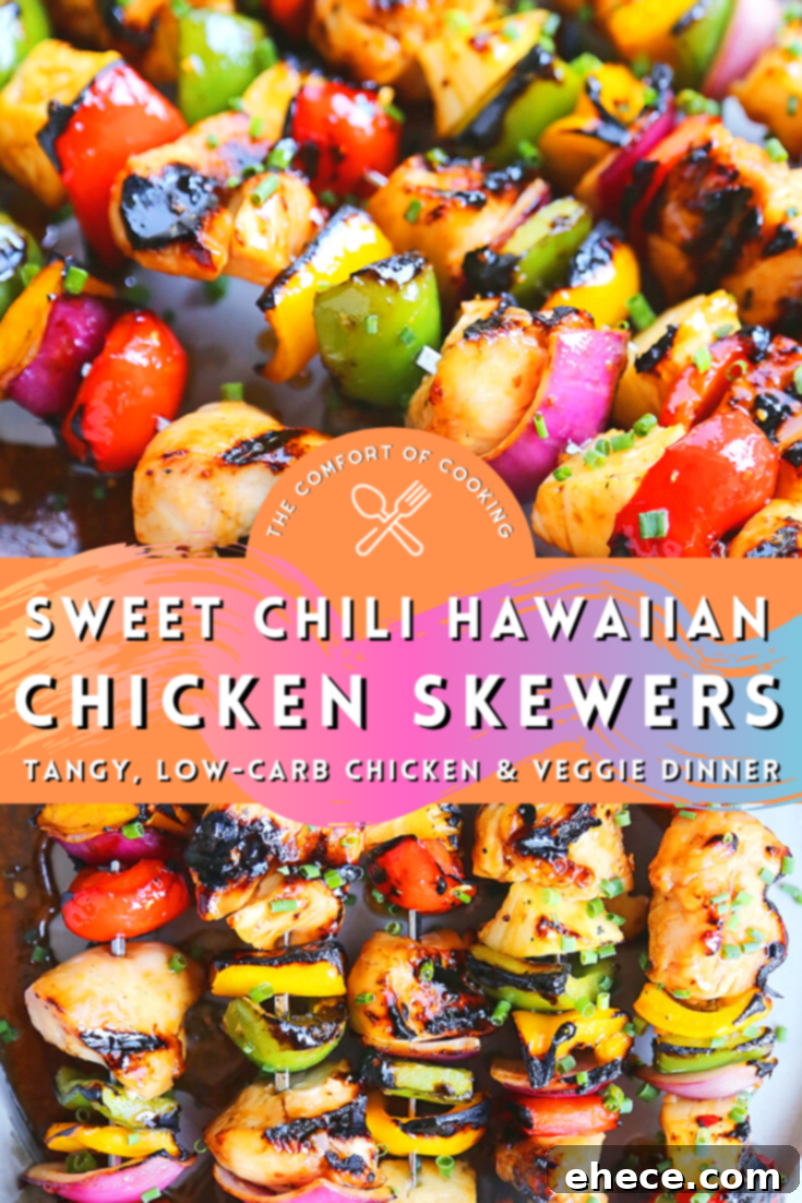 Island Glazed Chicken Skewers 10 Final plated Sweet Chili Hawaiian Chicken Skewers with a fork