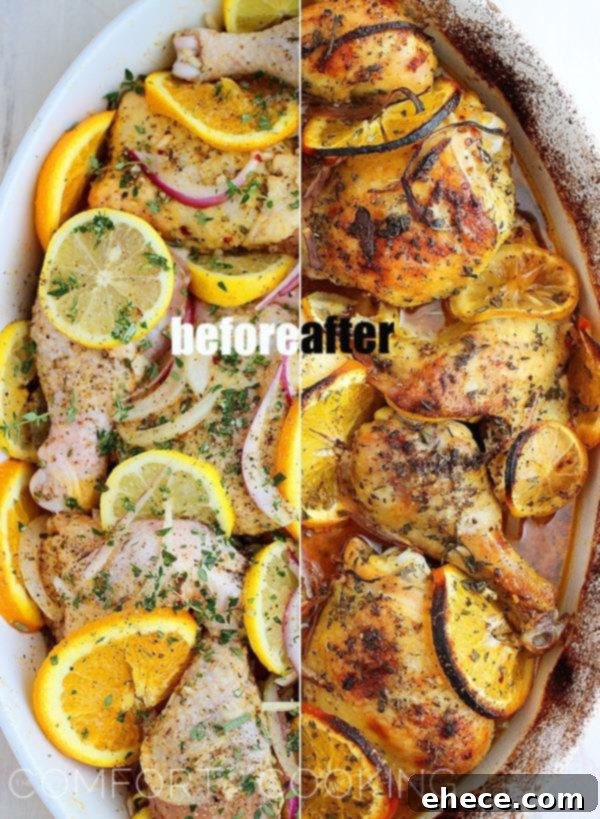 Close-up of perfectly roasted chicken pieces with citrus slices and fresh herbs, ready to be served.