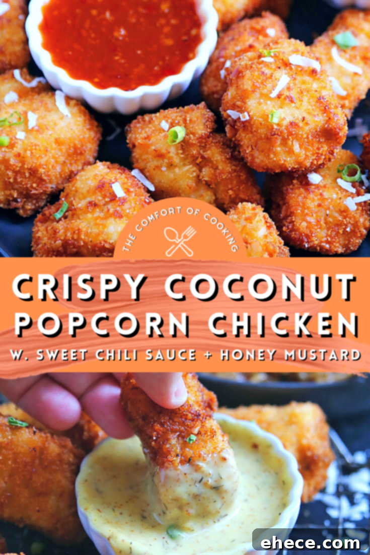 Tropical Crunch Popcorn Chicken 8 Crispy coconut popcorn chicken served in a bowl, garnished with fresh herbs, ready to be enjoyed