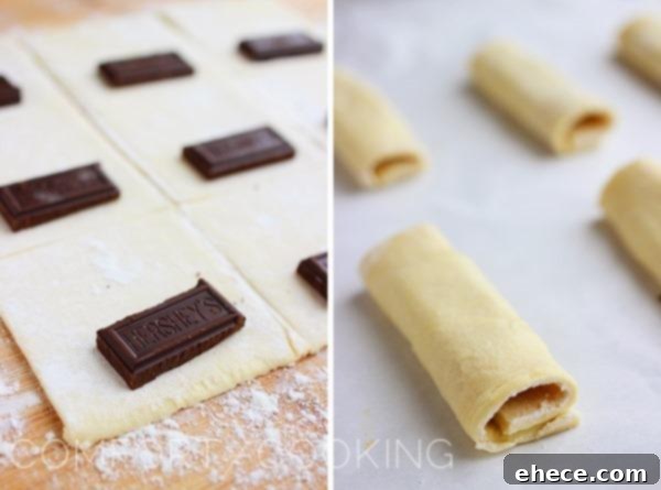 3-Ingredient Chocolate Croissant Hack 3 Close-up of golden brown cheater's chocolate croissants cooling on a wire rack.