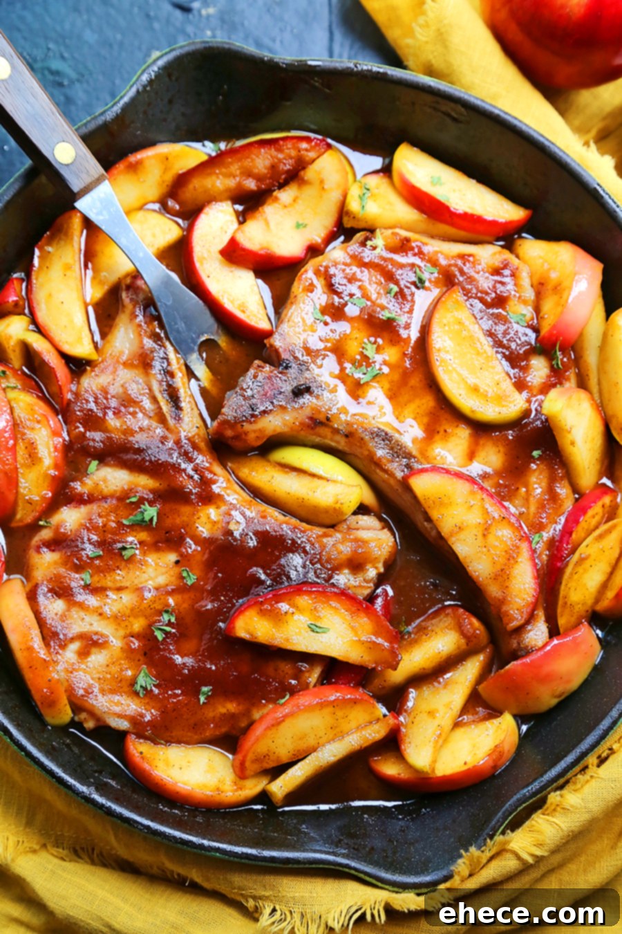 Delicious Skillet Apple Butter Pork Chops with tender apples