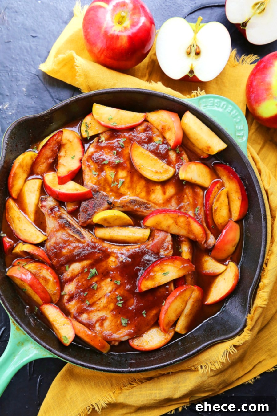 Plated Skillet Apple Butter Pork Chops with a side of mashed potatoes