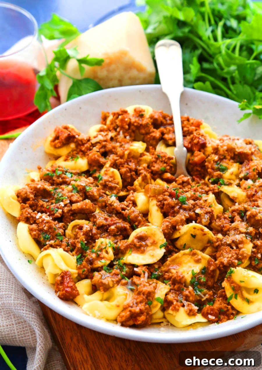 Hearty Tortellini Bolognese 4 A beautifully plated dish of Tortellini Bolognese, garnished with fresh basil and grated Parmesan
