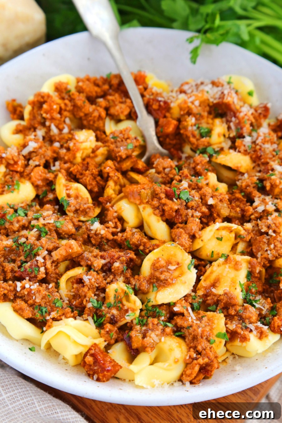Hearty Tortellini Bolognese 5 A rustic shot of a wooden spoon scooping Tortellini Bolognese from a Dutch oven