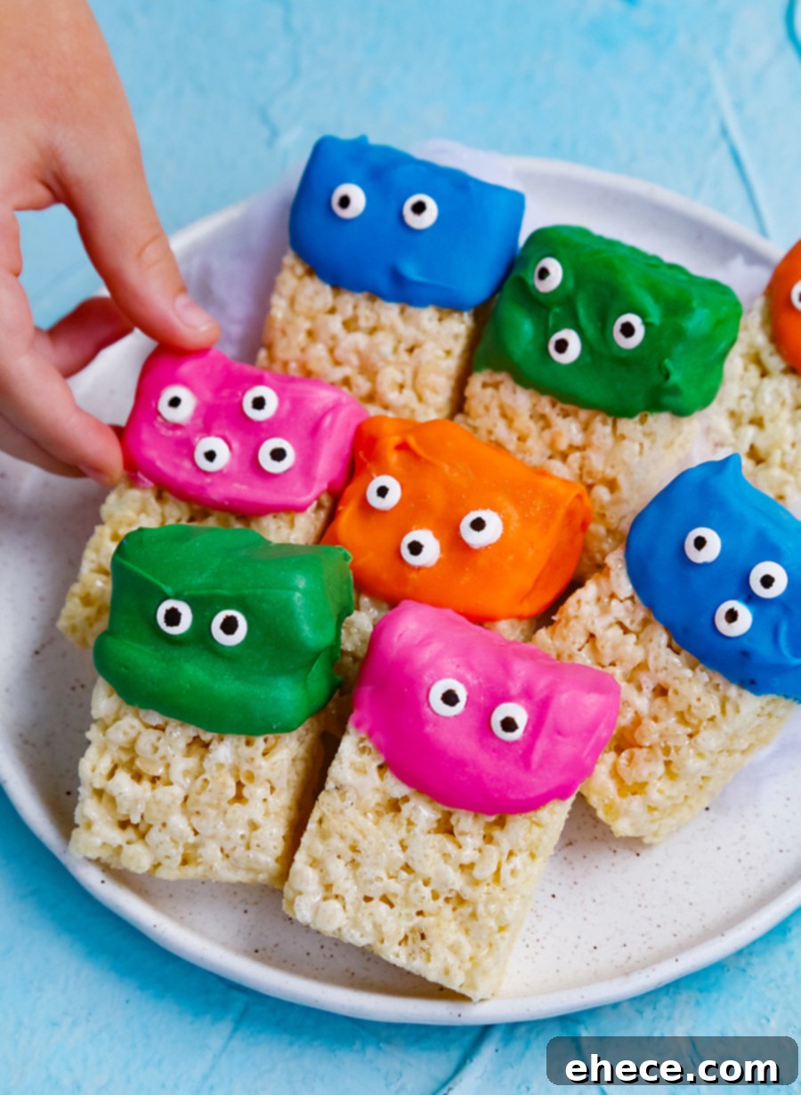 Googly-Eyed Rice Krispie Monsters on a platter