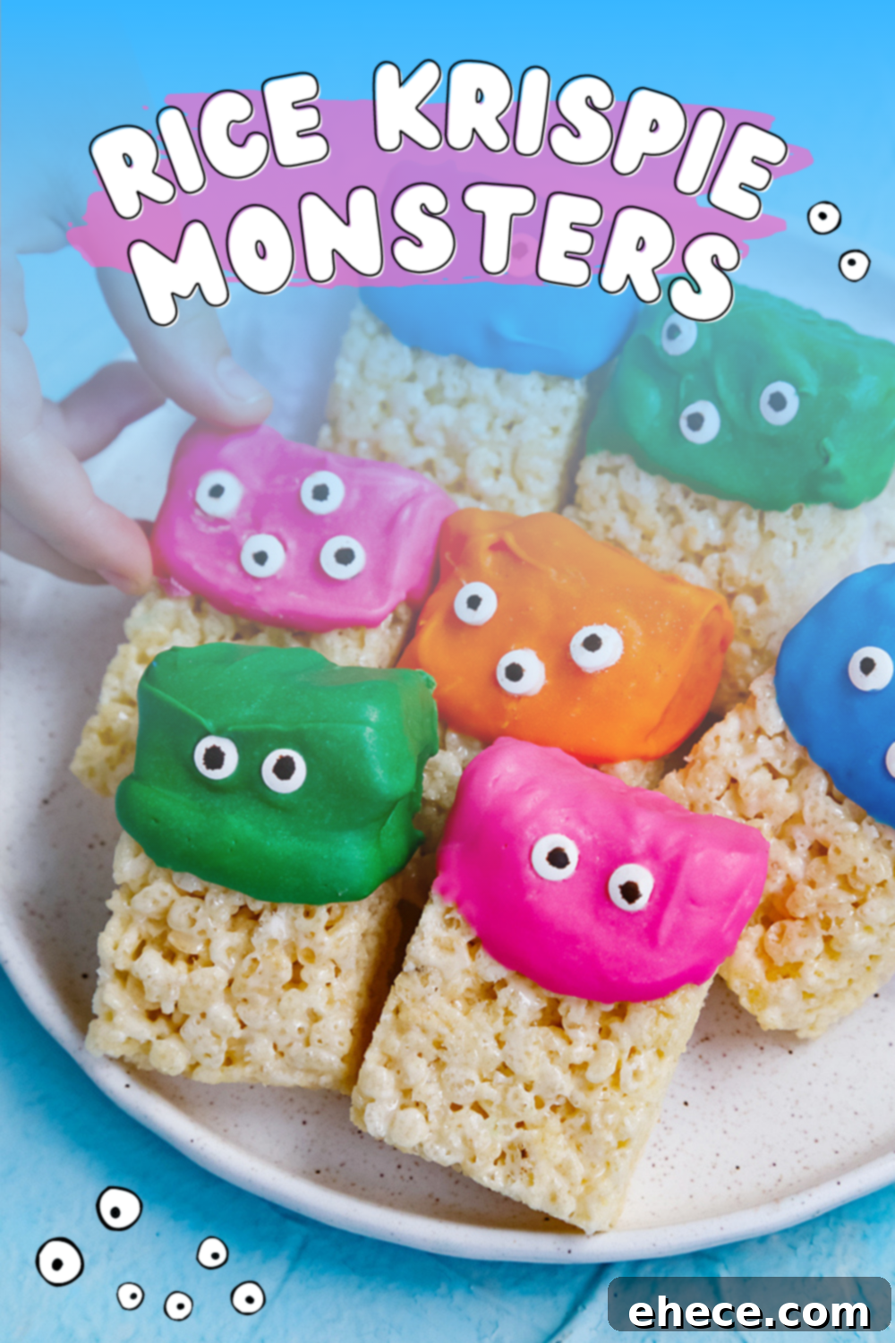 Close-up of colorful Rice Krispie Monsters with googly eyes