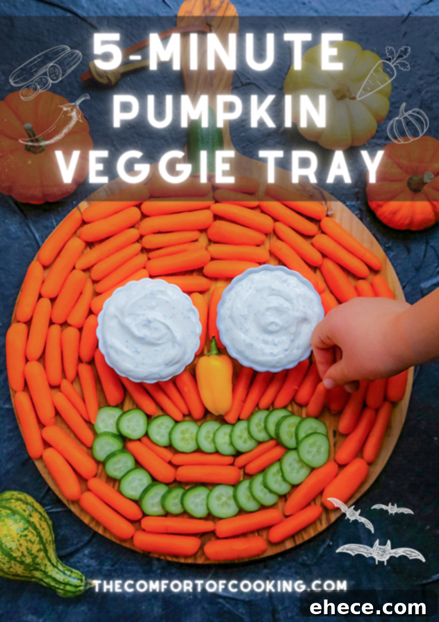Close-up of the delicious and healthy Halloween pumpkin veggie tray, ready to serve.