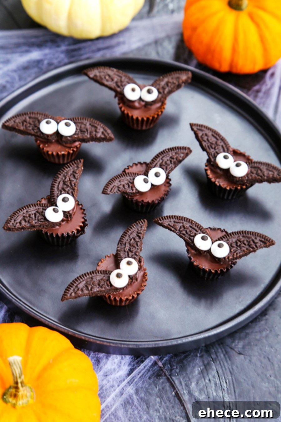 Halloween Peanut Butter Bat Bites 2 Mini Peanut Butter Cup Bats on a Halloween platter