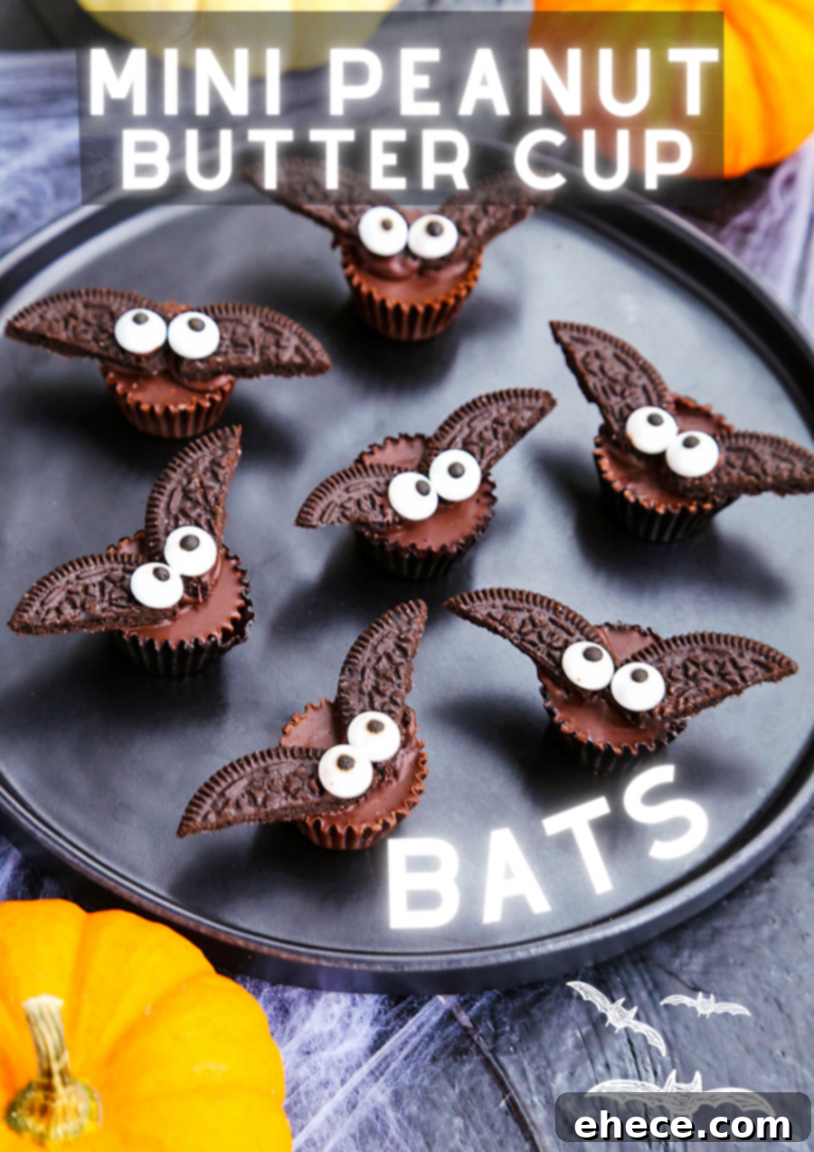 Halloween Peanut Butter Bat Bites 5 A large platter full of Mini Peanut Butter Cup Bats with various Halloween decorations.