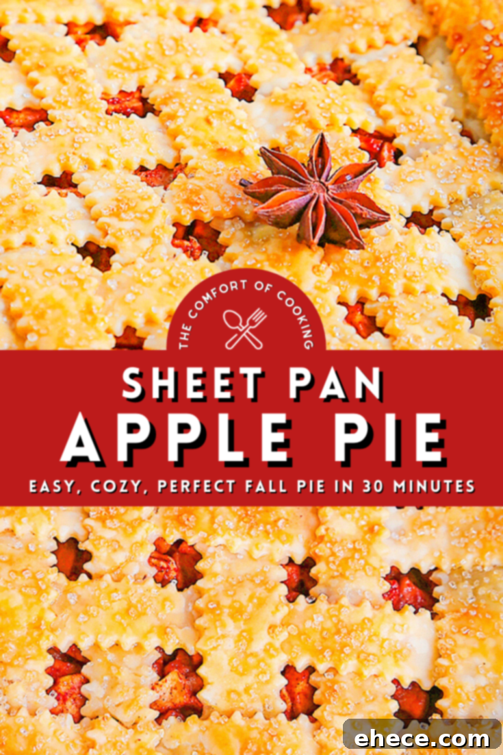 Sheet Pan Apple Pie Perfection 6 An overhead shot of the full Apple Slab Pie on a sheet pan, showcasing its perfect golden-brown crust and readiness for slicing. A beautiful centerpiece dessert.