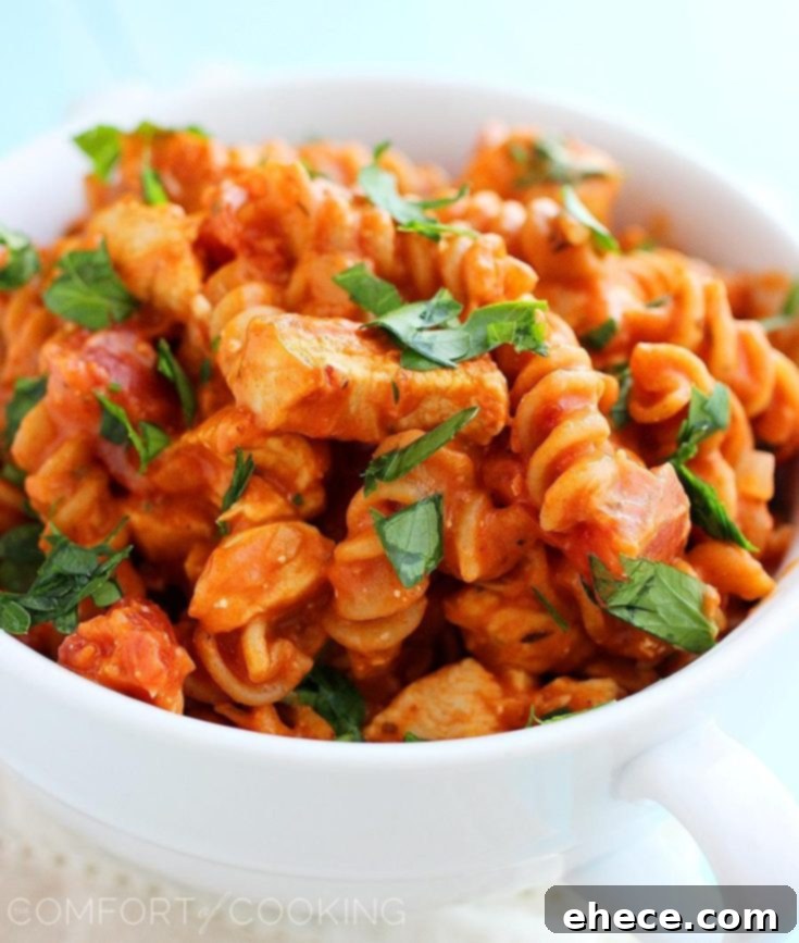 Garnished Creamy Italian Chicken and Pasta Skillet ready to serve