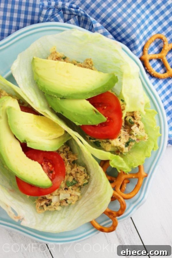 Avocado Tuna Salad Lettuce Wraps – For a delicious & quick low-carb lunch, mix up these tuna lettuce wraps with avocado! | thecomfortofcooking.com