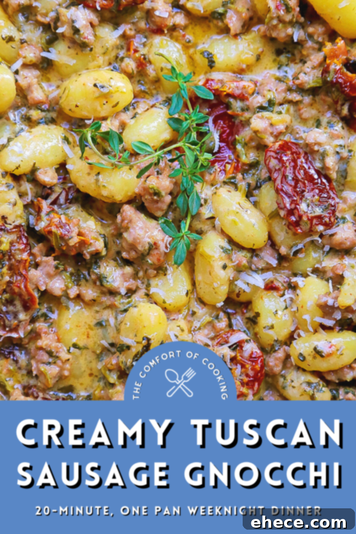 A final image of a full dish of Creamy Tuscan Sausage Gnocchi.
