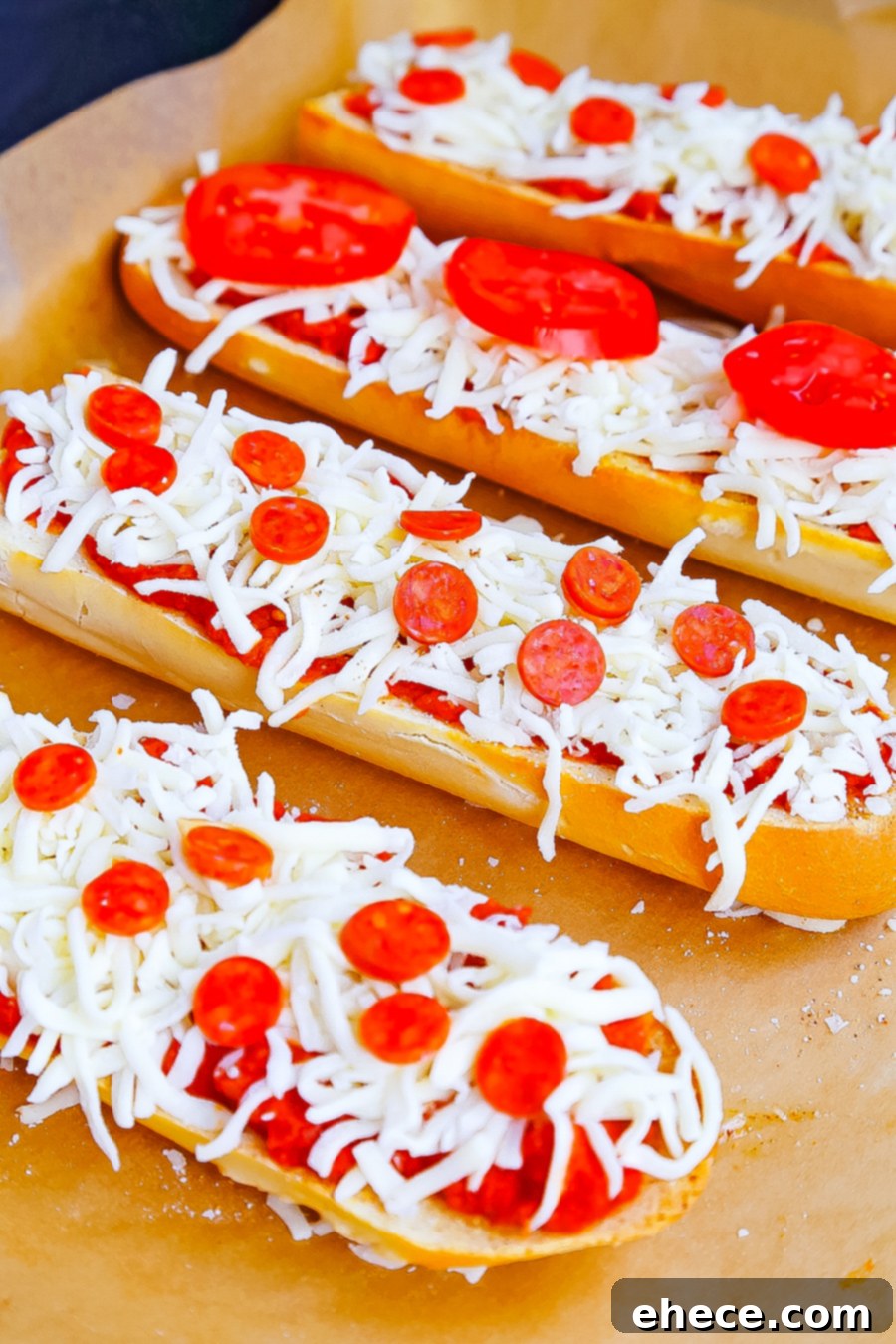 Hands preparing French bread pizza, spreading sauce on baguette halves