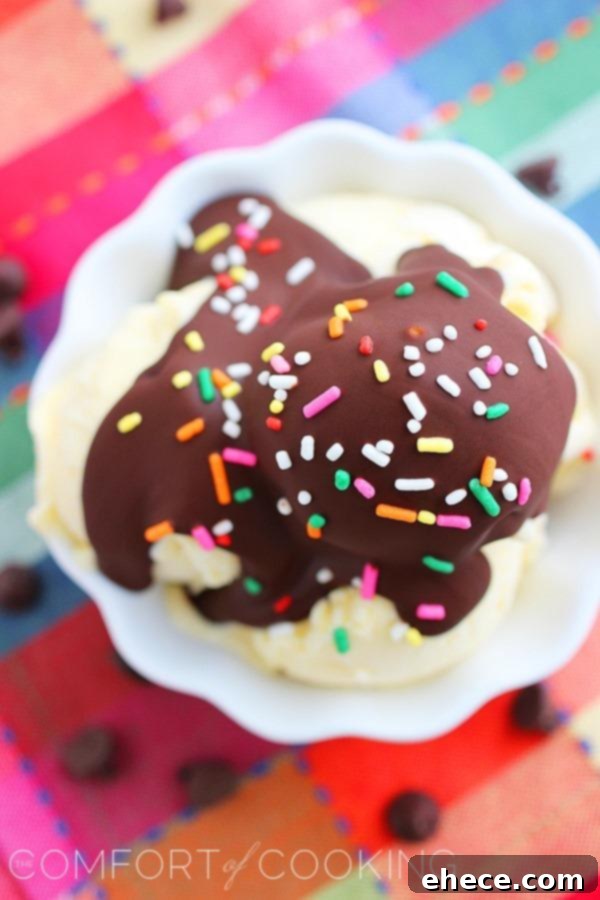 Homemade Chocolate Magic Shell – Jazz up your ice cream or fresh fruit with this 2-ingredient chocolate magic shell – it pours smooth & hardens in seconds! | TheComfortOfCooking.com