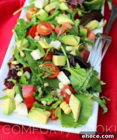 Pinnable image for Tomato, Avocado, Corn & Basil Salad with Lemon-Balsamic Vinaigrette