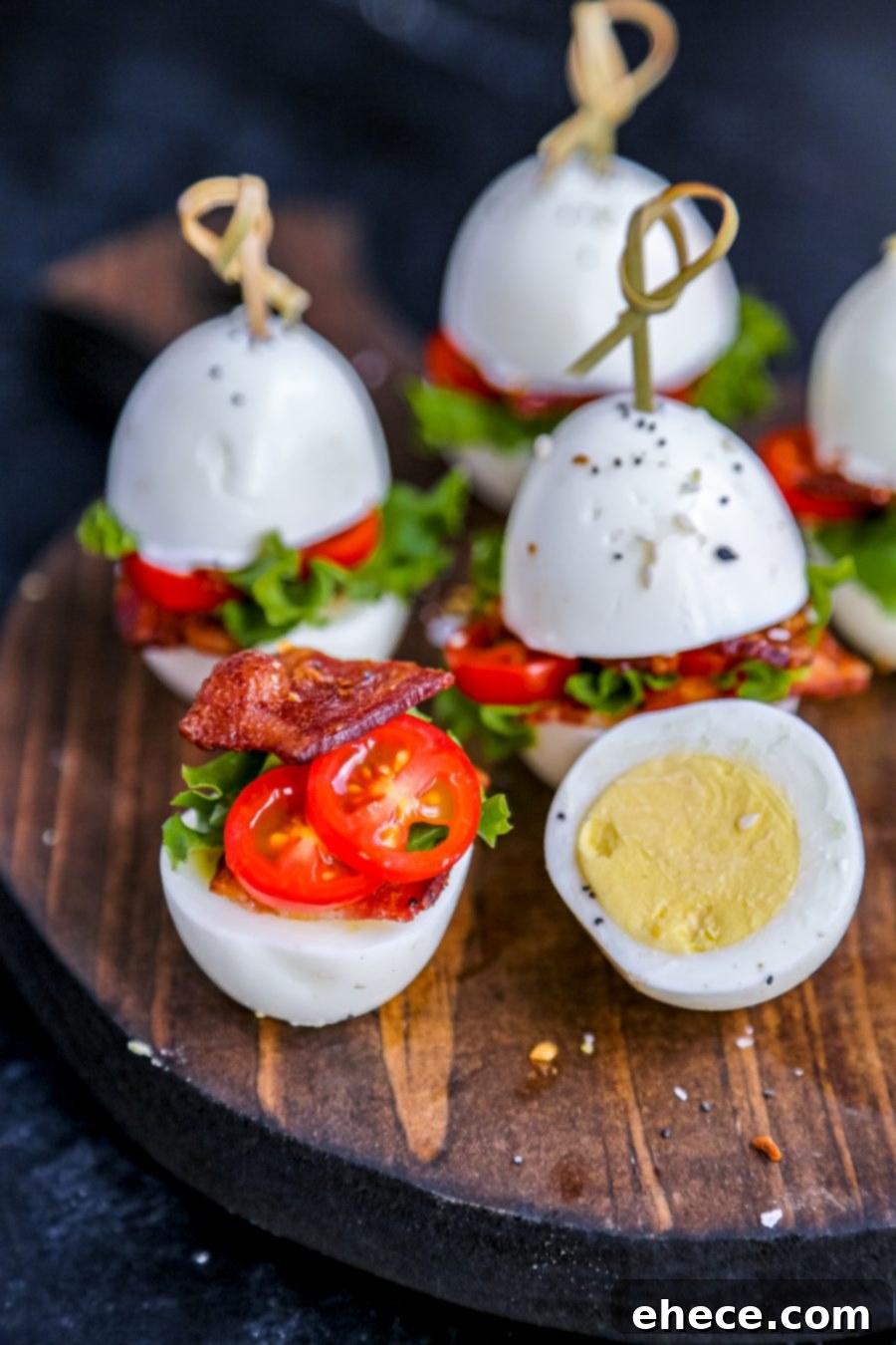 Fluffy Egg BLT Minis 3 Close-up of Egg BLT Sliders on a wooden board