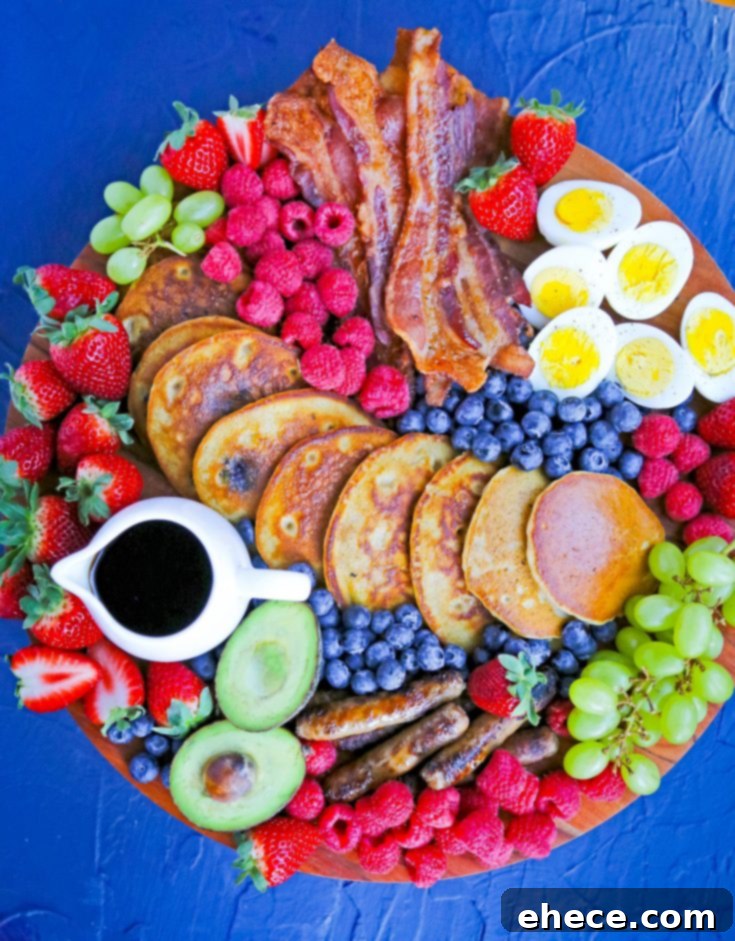 Breakfast board with various ingredients and serving suggestions.