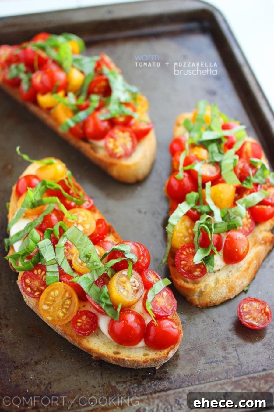 Warm Tomato & Mozzarella Bruschetta, gooey and delicious, perfect party appetizer or easy vegetarian meal.