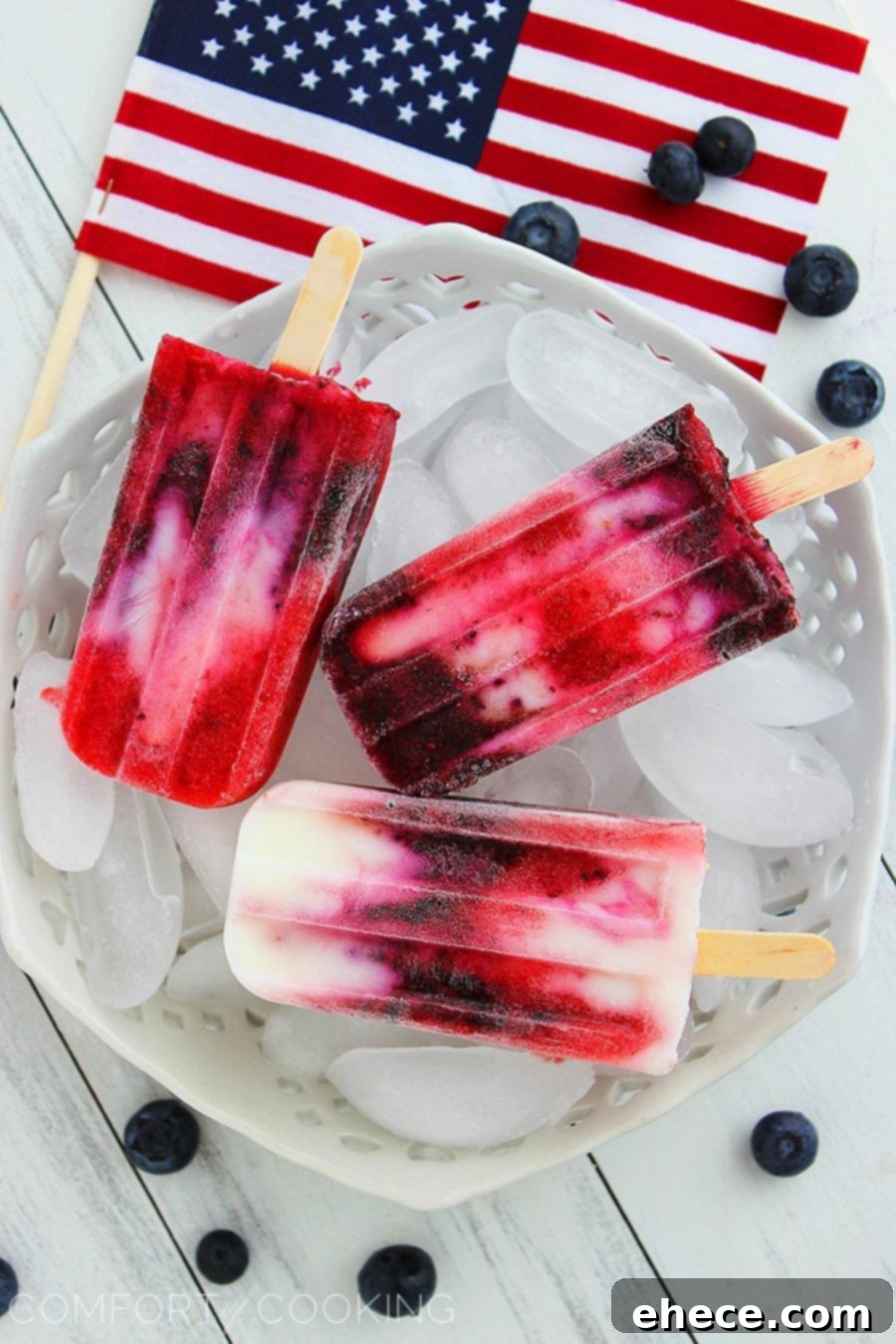 Firecracker Berry Frozen Yogurt Pops – Yogurt, strawberries and blueberries make these patriotic pops a guilt-free treat! A delightful red, white, and blue dessert for summer.
