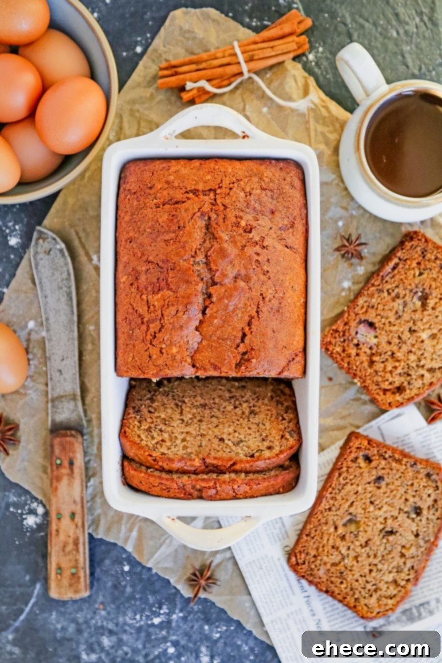 Moist and delicious banana bread loaf, freshly baked