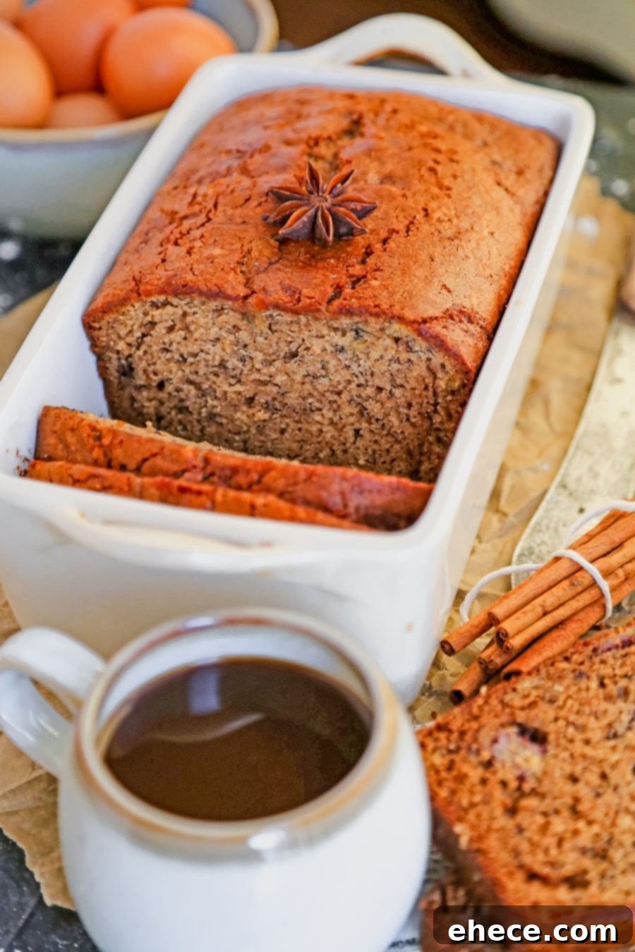 Closeup of banana bread slices with perfect texture and crumb