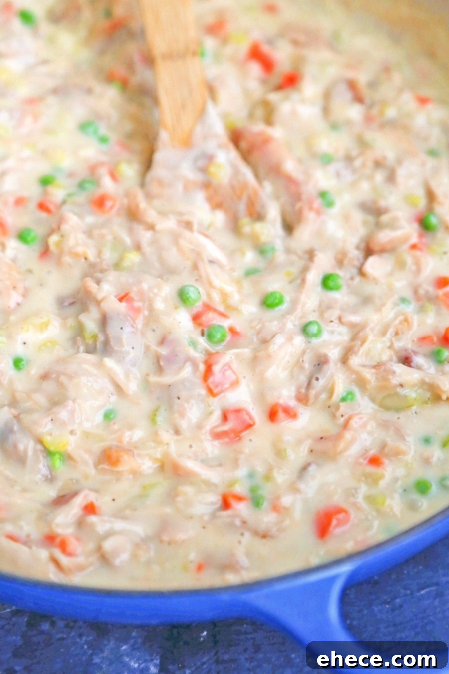 A serving of Chicken Pot Pie with a light green garnish, showcasing the creamy filling and biscuit topping.