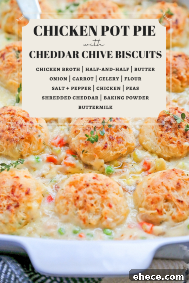 Chicken Pot Pie in a serving bowl with a golden biscuit on top, ready for a cozy meal.