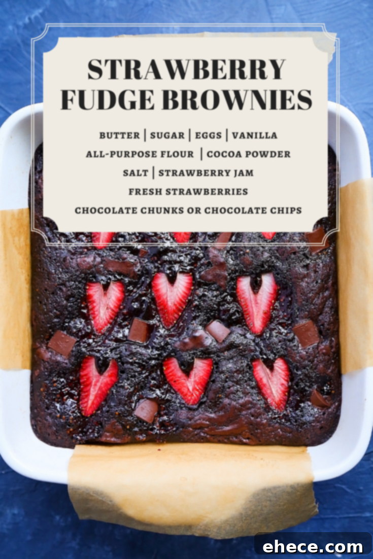 Strawberry Fudge Brownies stack with recipe text