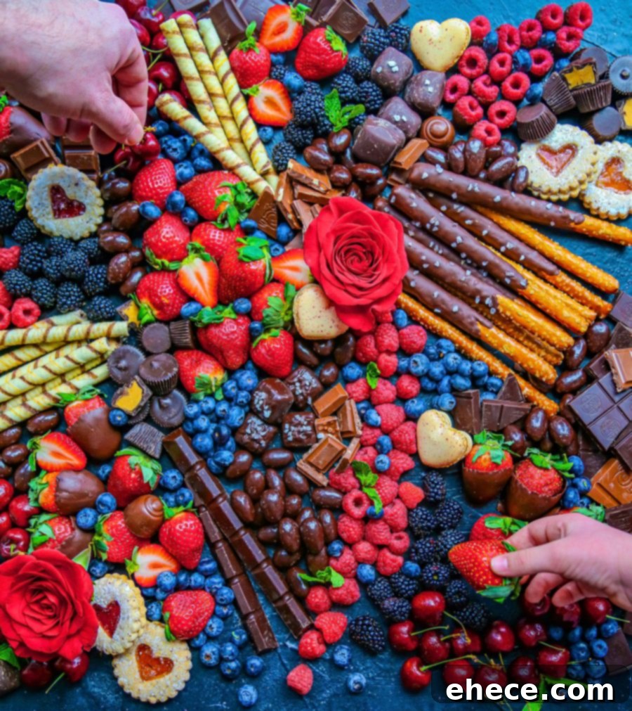 A close-up view of the dessert board, highlighting a variety of fruits and chocolates arranged artfully.