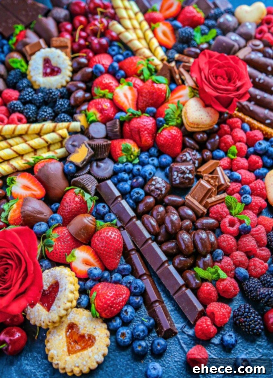 A close-up shot of the dessert board, focusing on chocolate truffles and berries, showcasing the rich textures and colors.