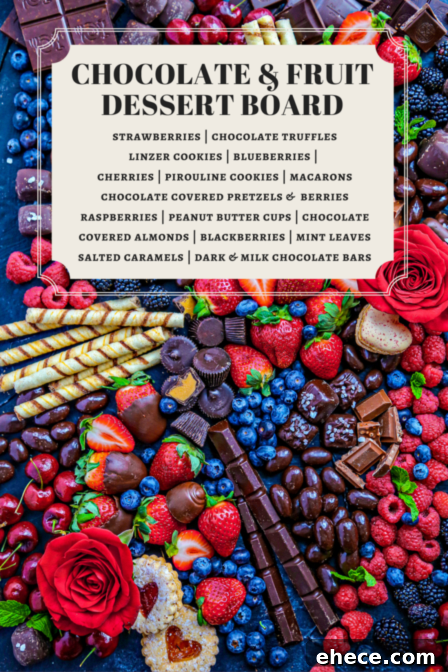 A wide shot of the elegant chocolate and fruit dessert board on a table, ready for serving.
