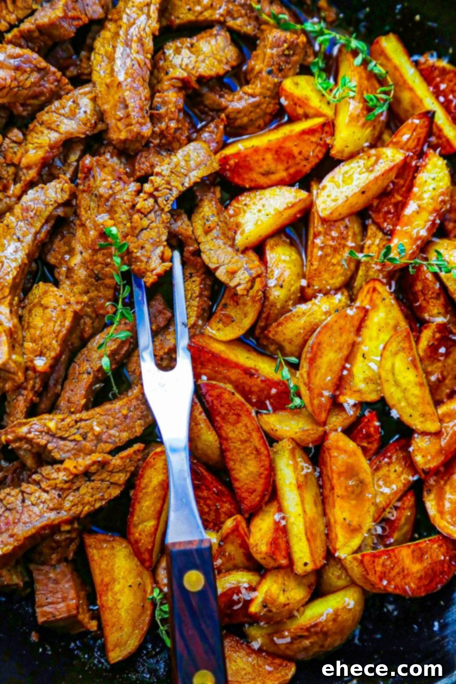 Garlic Butter Steak and Potatoes Skillet, second image showing the cooking process